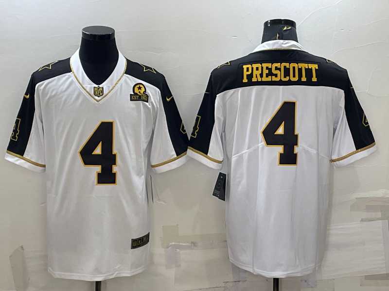Mens Dallas Cowboys #4 Dak Prescott White Gold Edition With 1960 Patch Limited Stitched Football Jersey
